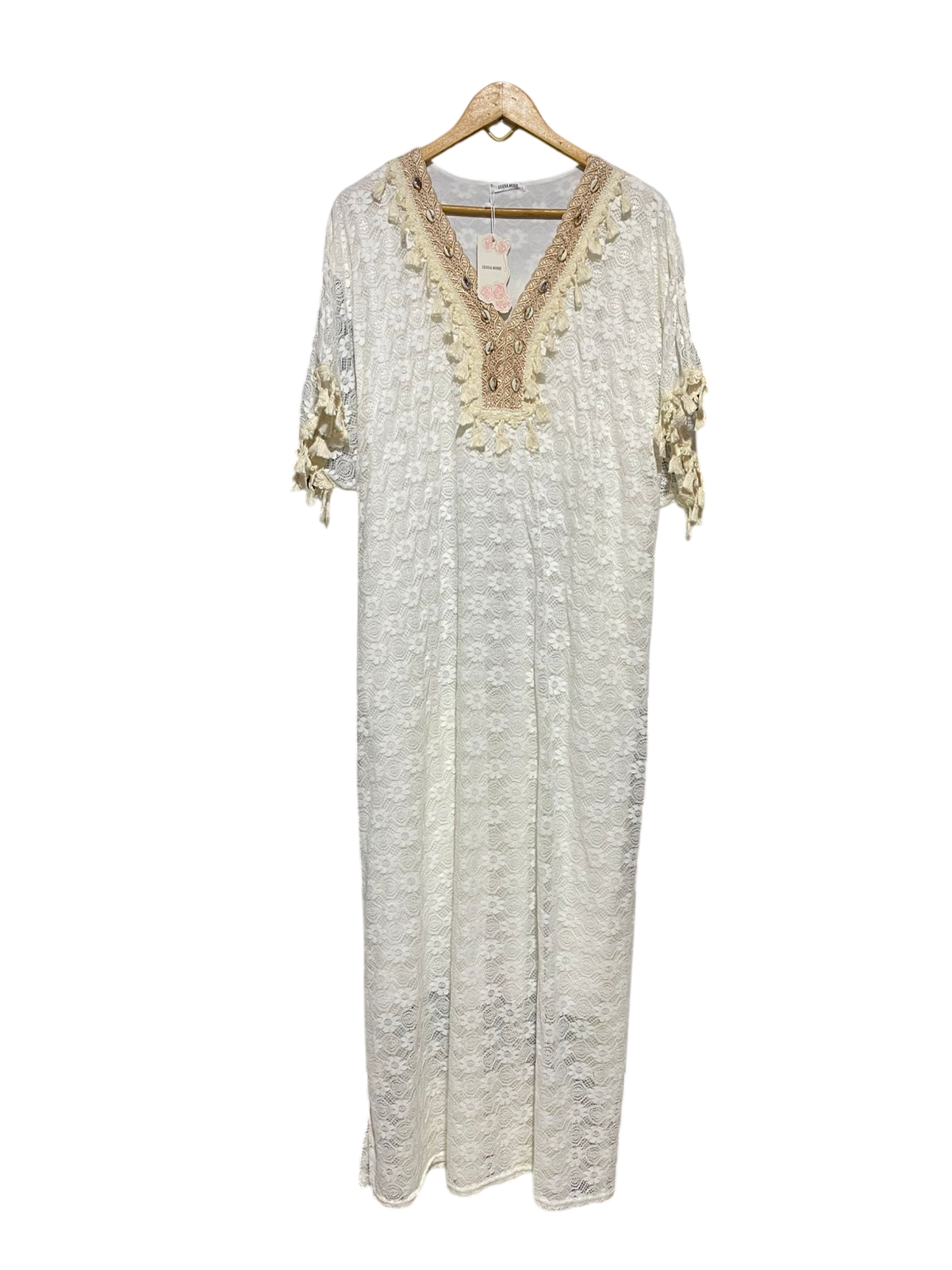 LEANA MODE |XL| BUST FREE| B16| EMBELLISHED WHITE LACE BOHO KAFTAN MAXI DRESS