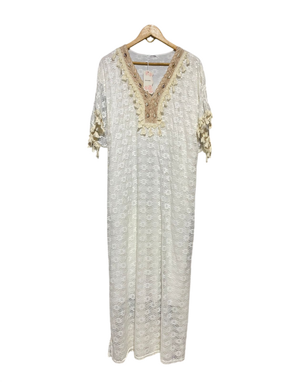 LEANA MODE |XL| BUST FREE| B16| EMBELLISHED WHITE LACE BOHO KAFTAN MAXI DRESS