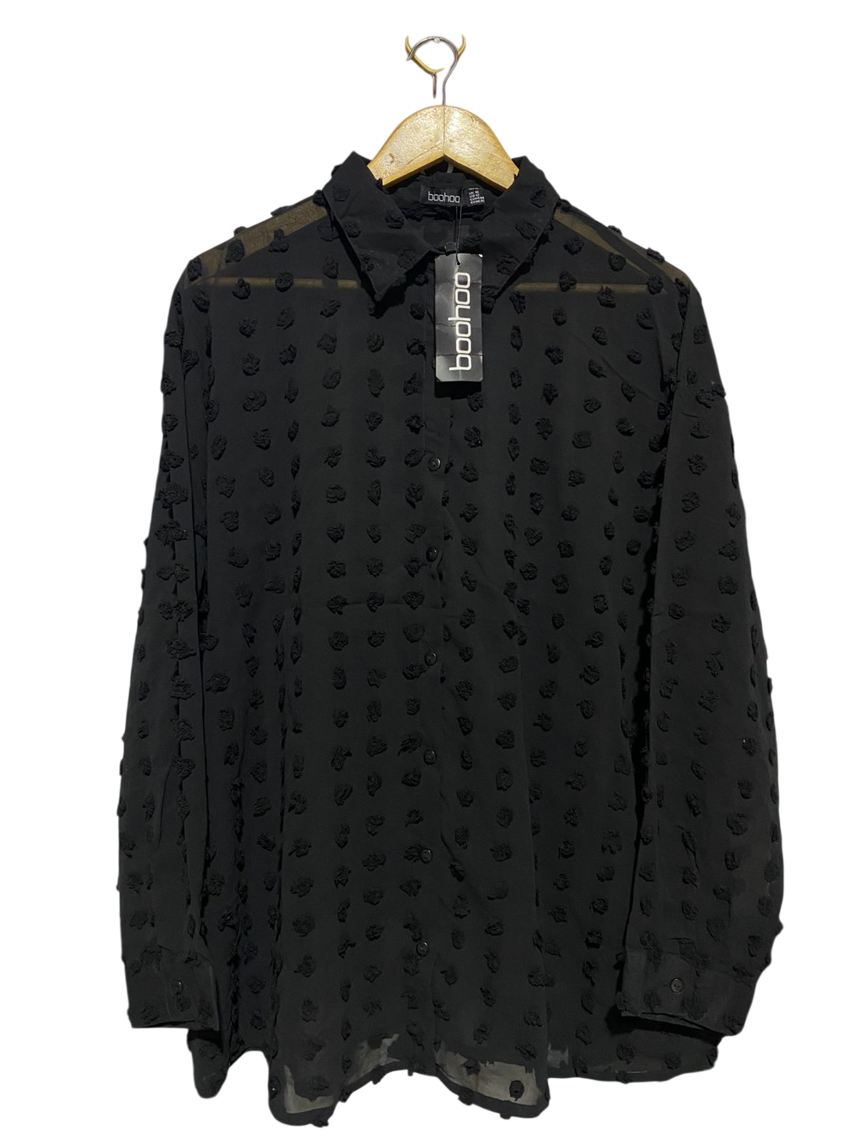 BOOHOO |XL| BUST 26| B16| BLACK SHEER DOBBY DOT BUTTON-DOWN SHIRT