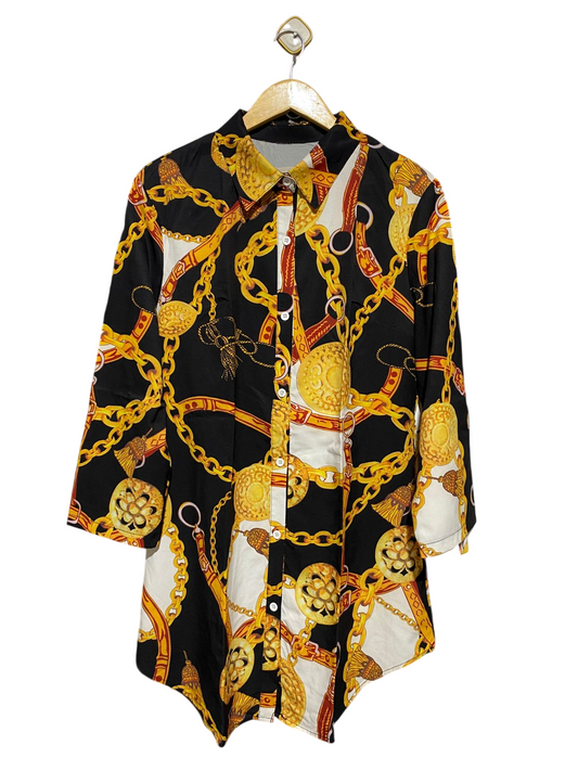 |XL| BUST 21| B16| LUXURY BAROQUE GOLD CHAIN PRINT BUTTON-DOWN TUNIC SHIRT