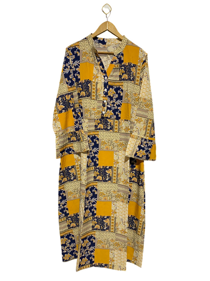 |XXL| BUST 26| B16| MUSTARD AND NAVY BOHEMIAN PATCHWORK PRINT MIDI KURTI DRESS