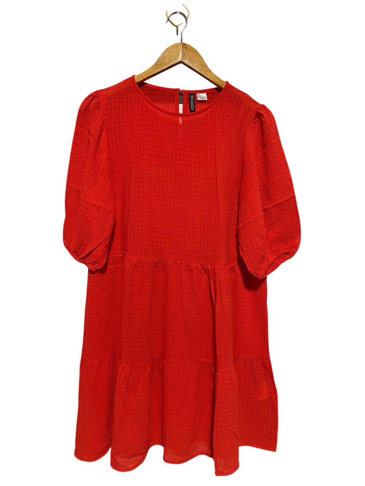 H&M |M| BUST 17| B16| RED TEXTURED PUFF SLEEVE TIERED SMOCK DRESS