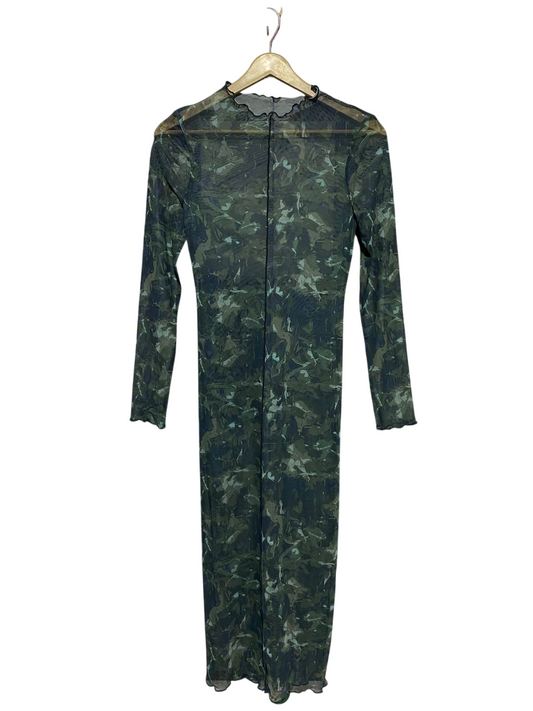 |S| BUST 15| B16| CAMO PRINT MESH MAXI DRESS WITH LETTUCE HEM