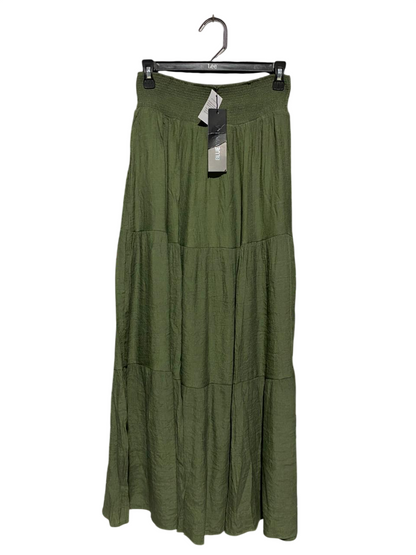 BLUE VANILLA |S| WAIST 26| B16| OLIVE GREEN TIERED BOHO MAXI SKIRT WITH SMOCKED WAIST