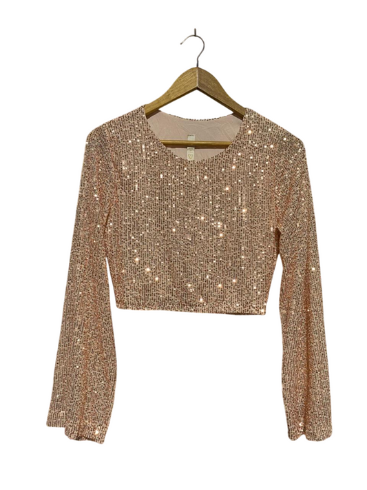 |M| BUST 17| B16| ROSE GOLD SEQUIN LONG SLEEVE CROP TOP