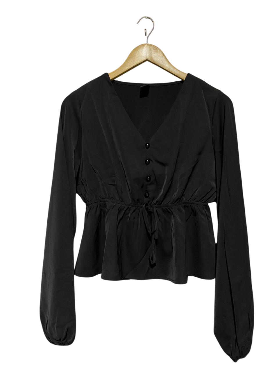 SHEIN |M| BUST 19| B17| ELEGANT BLACK PEPLUM V-NECK BUTTON-DOWN BLOUSE