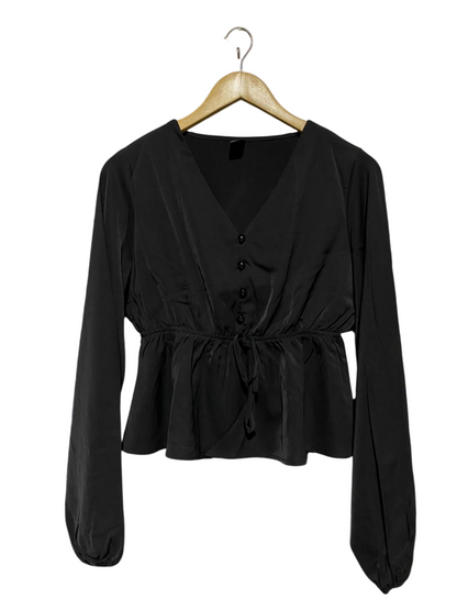 SHEIN |M| BUST 19| B17| ELEGANT BLACK PEPLUM V-NECK BUTTON-DOWN BLOUSE