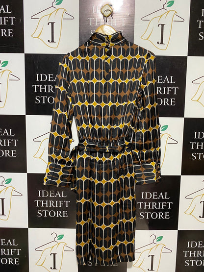 ZARA |S| BUST 19| B16| RETRO GEOMETRIC PRINT HIGH-NECK BELTED DRESS