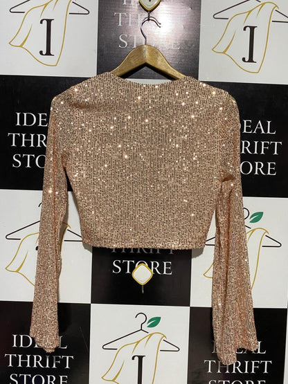 |M| BUST 17| B16| ROSE GOLD SEQUIN LONG SLEEVE CROP TOP