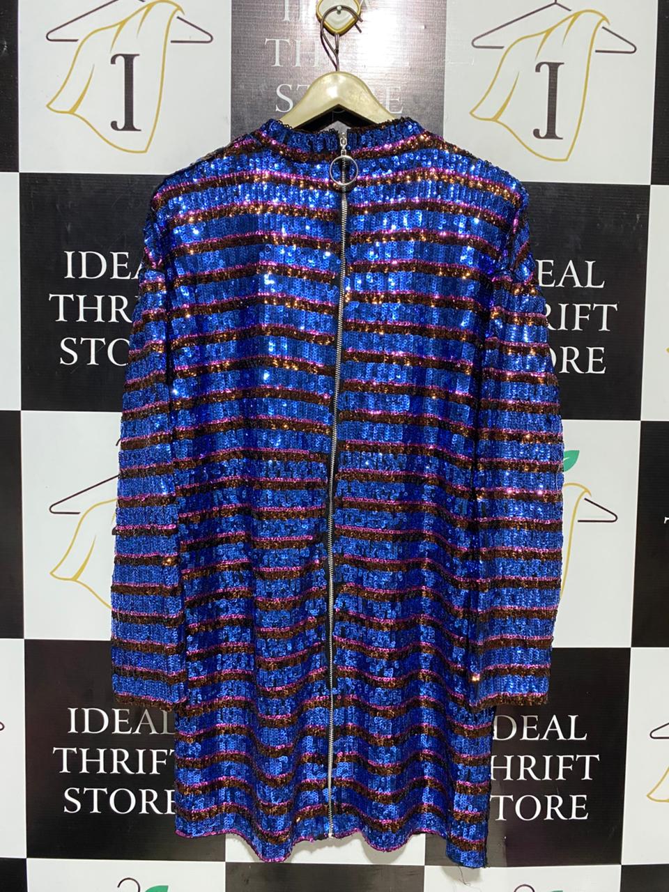 ZARA |L| BUST 21| B16| ELECTRIC BLUE STRIPED SEQUIN LONG SLEEVE MINI DRESS