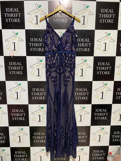 SOKY & SOKA |L| BUST 17| B16| MIDNIGHT BLUE SEQUIN EMBROIDERED V-NECK MAXI GOWN