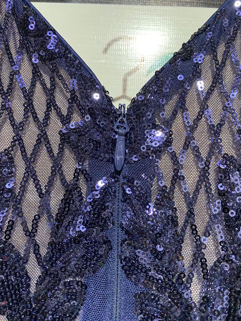 SOKY & SOKA |L| BUST 17| B16| MIDNIGHT BLUE SEQUIN EMBROIDERED V-NECK MAXI GOWN