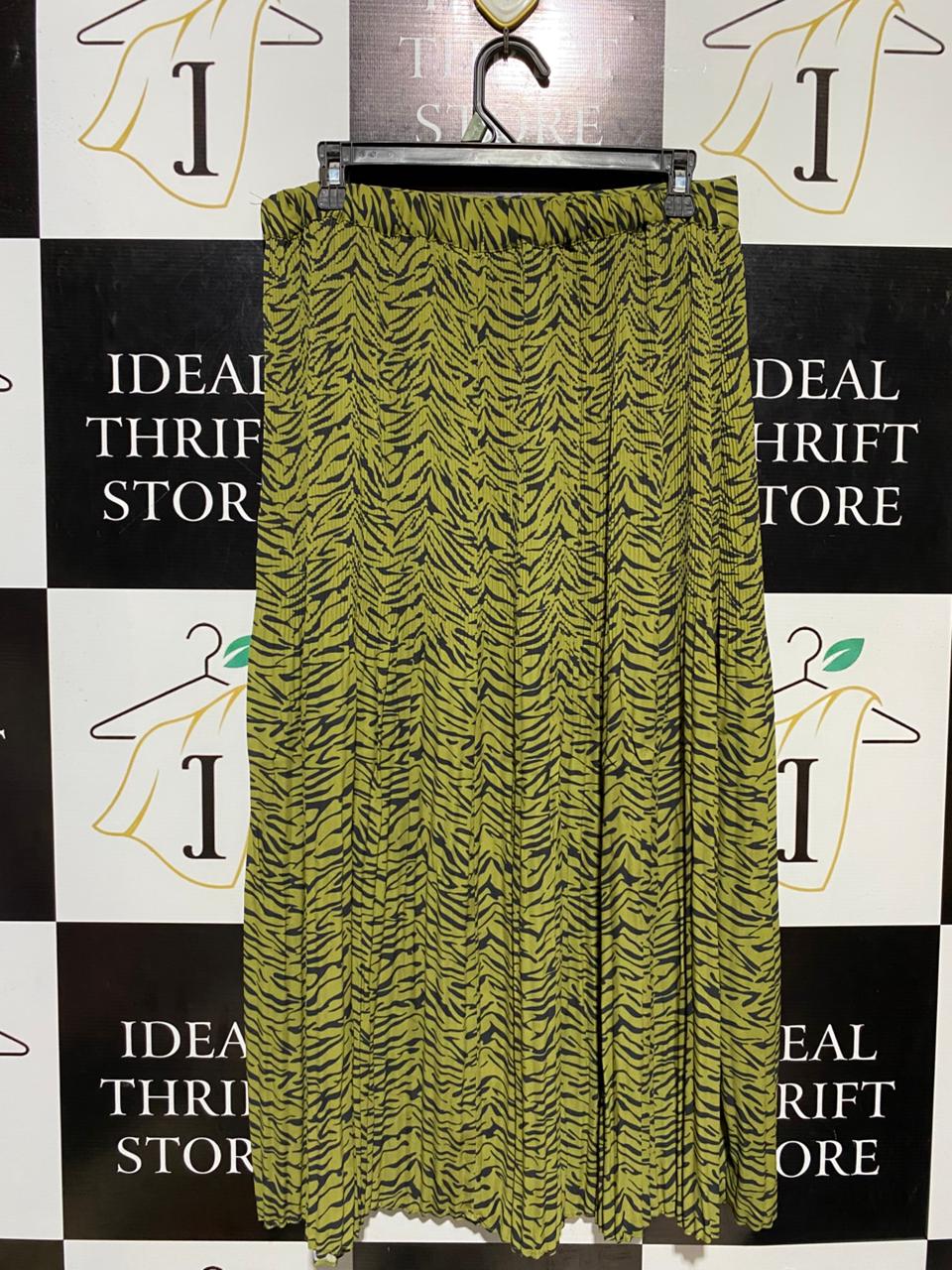 PRIMARK |L| WAIST 30| B16| LIME GREEN & BLACK ANIMAL PRINT PLEATED MAXI SKIRT