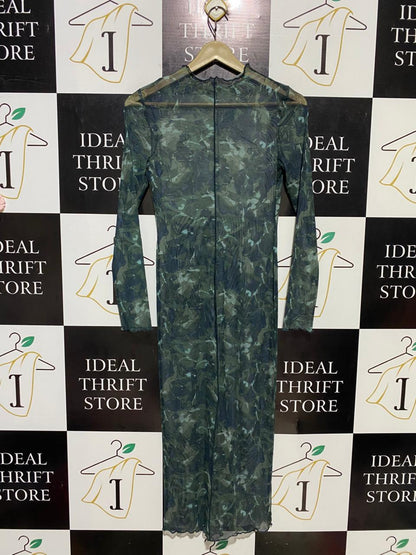 |S| BUST 15| B16| CAMO PRINT MESH MAXI DRESS WITH LETTUCE HEM