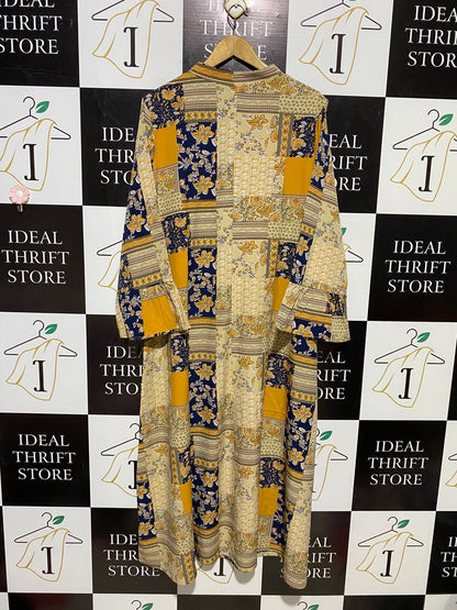 |XXL| BUST 26| B16| MUSTARD AND NAVY BOHEMIAN PATCHWORK PRINT MIDI KURTI DRESS