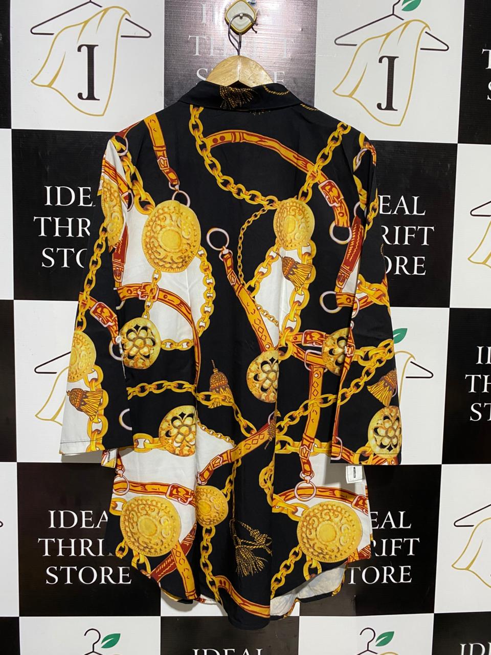 |XL| BUST 21| B16| LUXURY BAROQUE GOLD CHAIN PRINT BUTTON-DOWN TUNIC SHIRT
