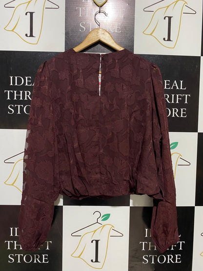 F&F |XL| BUST 26| B16| BURGUNDY FLORAL JACQUARD BUBBLE-HEM BLOUSE