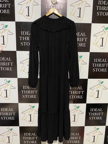 MNG |M| BUST 17| B16| BLACK RUFFLE COLLAR TIERED MIDI DRESS