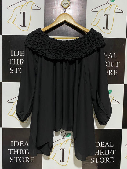 MAYA FASHION |L| BUST 18| B16| BLACK SMOCKED OFF-SHOULDER ASYMMETRICAL TOP