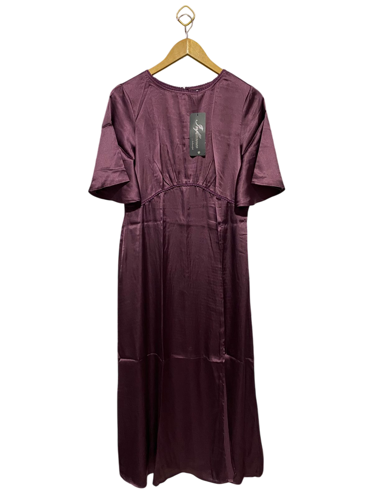 INFLUENCE |L| BUST 19| B17| ELEGANT DEEP PLUM SATIN MAXI DRESS WITH FLUTTER SLEEVES