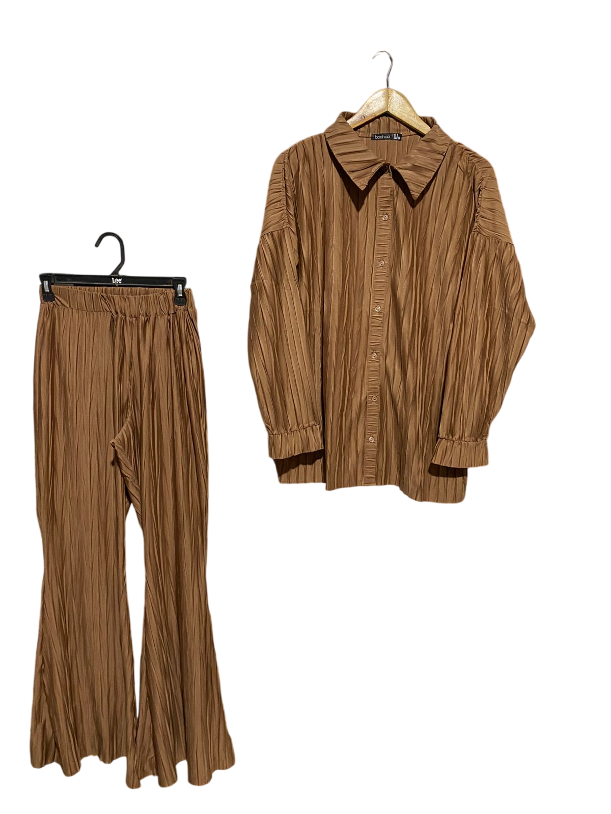 BOOHOO |S| B17| PLISSÉ BUTTON-DOWN & WIDE-LEG TROUSER SET