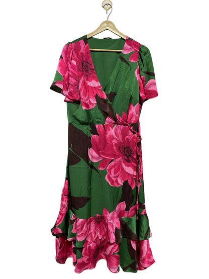 ET VOUS |L| BUST 20| B17| EMERALD GREEN & PINK FLORAL SATIN WRAP MIDI DRESS