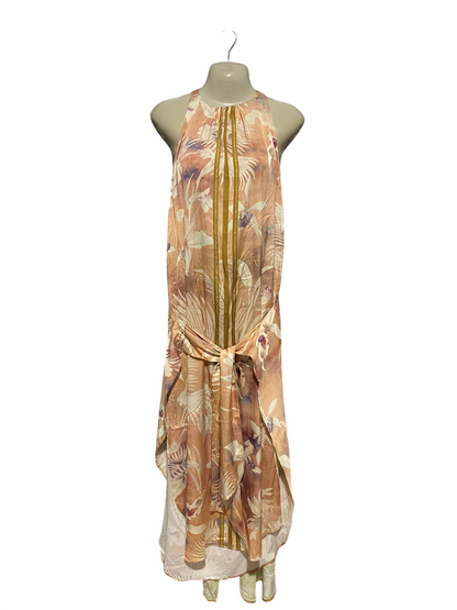 SHEIKE |M| BUST 18| B17| PEACH TROPICAL FLORAL HALTER MAXI DRESS WITH FRONT KNOT DETAIL