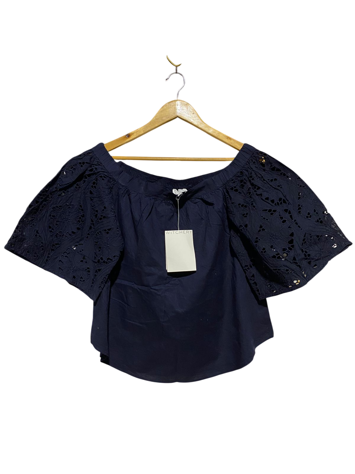 WITCHERY |L| BUST 18| B17| NAVY BLUE BRODERIE ANGLAISE OFF-SHOULDER TOP