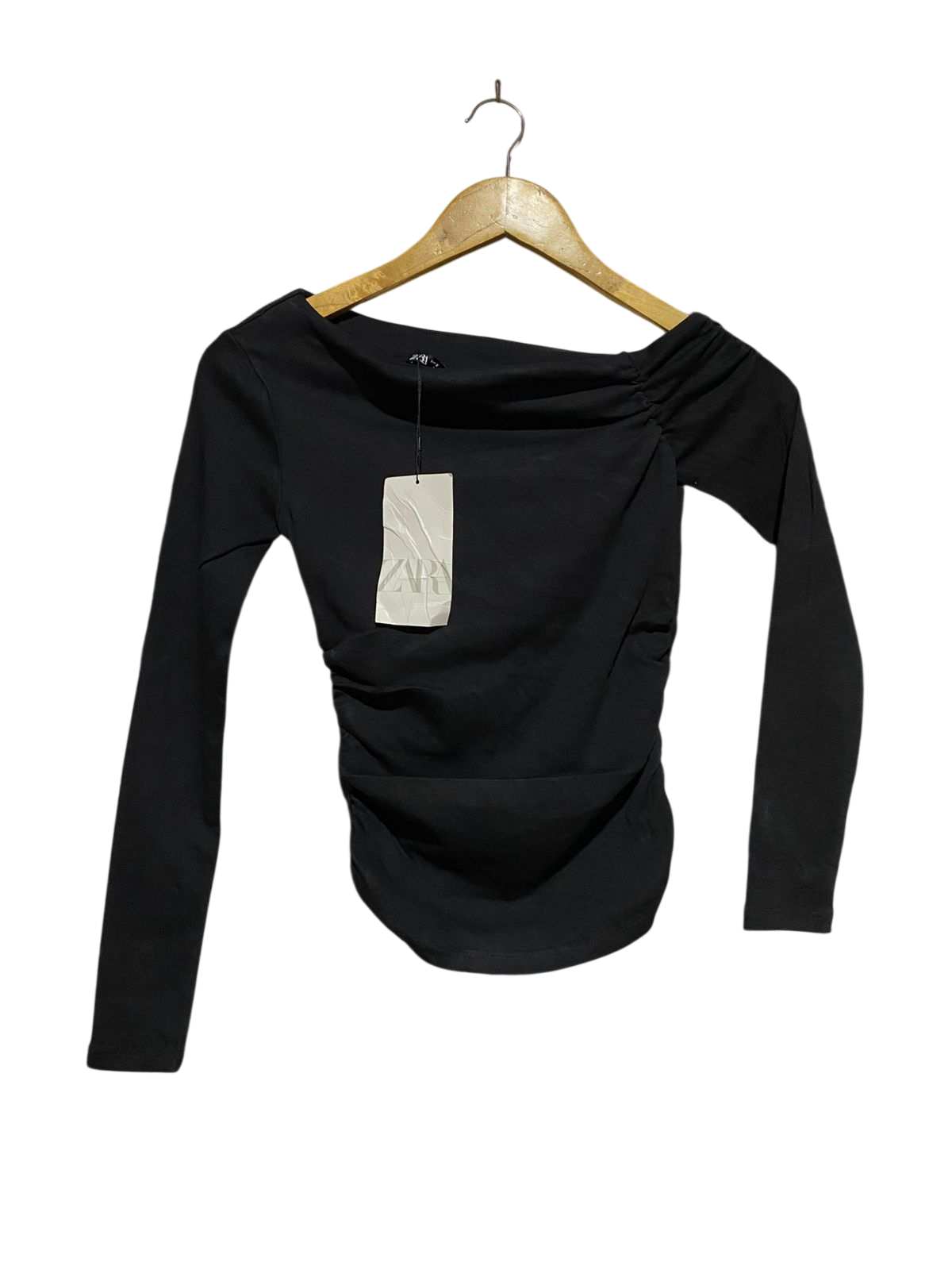 ZARA |S| BUST 13| B17| ASYMMETRIC RUCHED LONG SLEEVE TOP | SLEEK BLACK PARTY BLOUSE