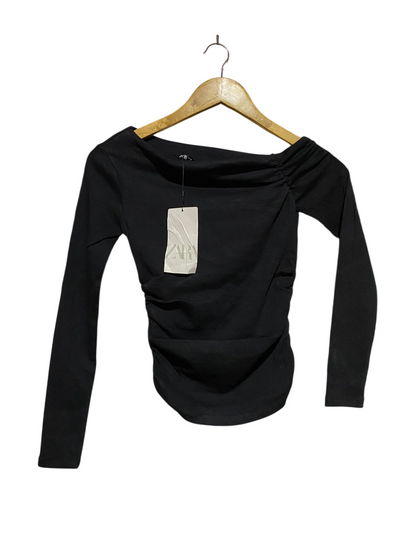 ZARA |S| BUST 13| B17| ASYMMETRIC RUCHED LONG SLEEVE TOP | SLEEK BLACK PARTY BLOUSE
