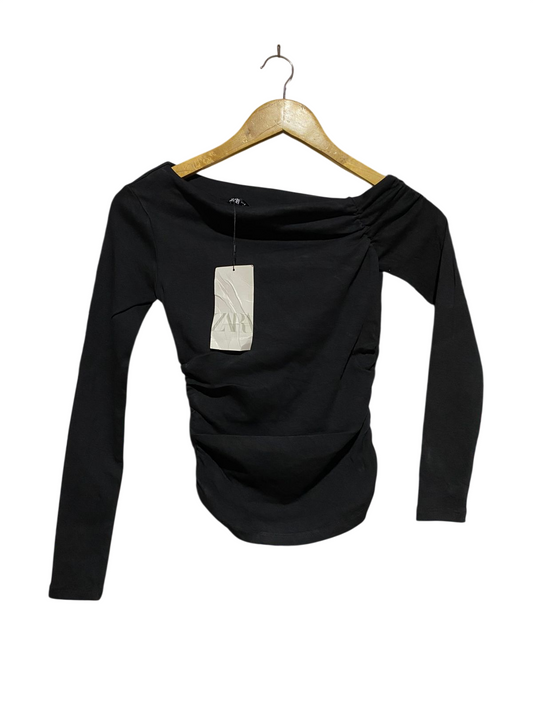 ZARA |S| BUST 13| B17| ASYMMETRIC RUCHED LONG SLEEVE TOP | SLEEK BLACK PARTY BLOUSE