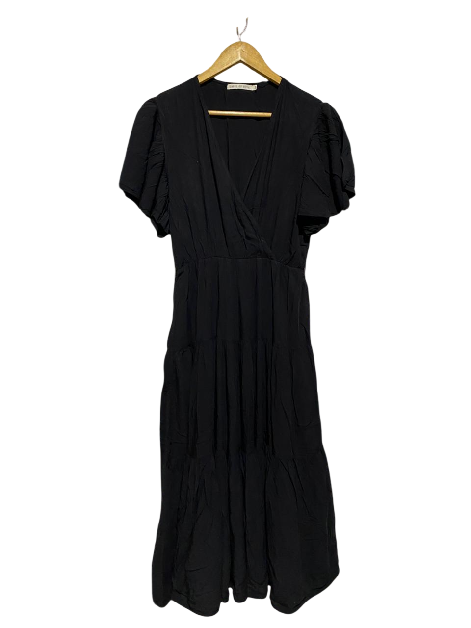 LABEL OF LOVE |M| BUST 16| B17| ELEGANT WOMEN’S BLACK V-NECK TIERED MIDI DRESS WITH FLUTTER SLEEVES