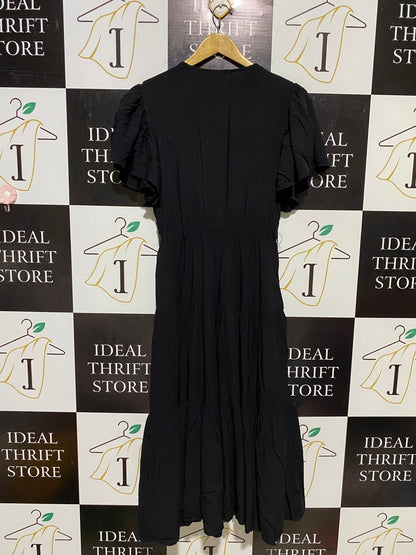 LABEL OF LOVE |M| BUST 16| B17| ELEGANT WOMEN’S BLACK V-NECK TIERED MIDI DRESS WITH FLUTTER SLEEVES