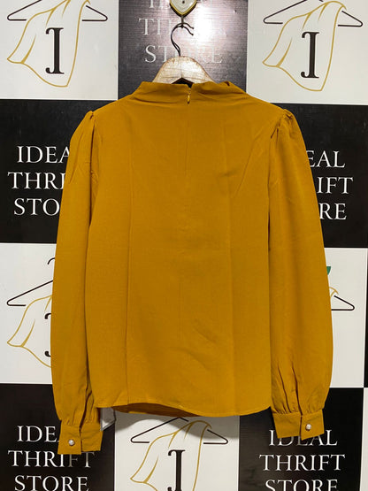 SHEIN |M| BUST 19| B17| ELEGANT WOMEN’S MUSTARD YELLOW HIGH-NECK BLOUSE WITH PLEATED FRONT AND PUFF SLEEVES