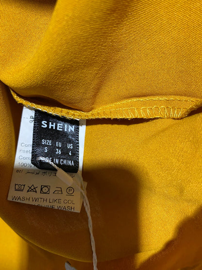 SHEIN |M| BUST 19| B17| ELEGANT WOMEN’S MUSTARD YELLOW HIGH-NECK BLOUSE WITH PLEATED FRONT AND PUFF SLEEVES