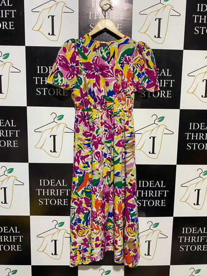 EMERY ROSE |S| BUST 15| B17| VIBRANT ABSTRACT FLORAL MIDI DRESS