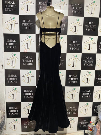 AVA PRESLAY |L| BUST 18| B17| ELEGANT BLACK VELVET DEEP V-NECK MAXI DRESS | LUXE EVENING GOWN