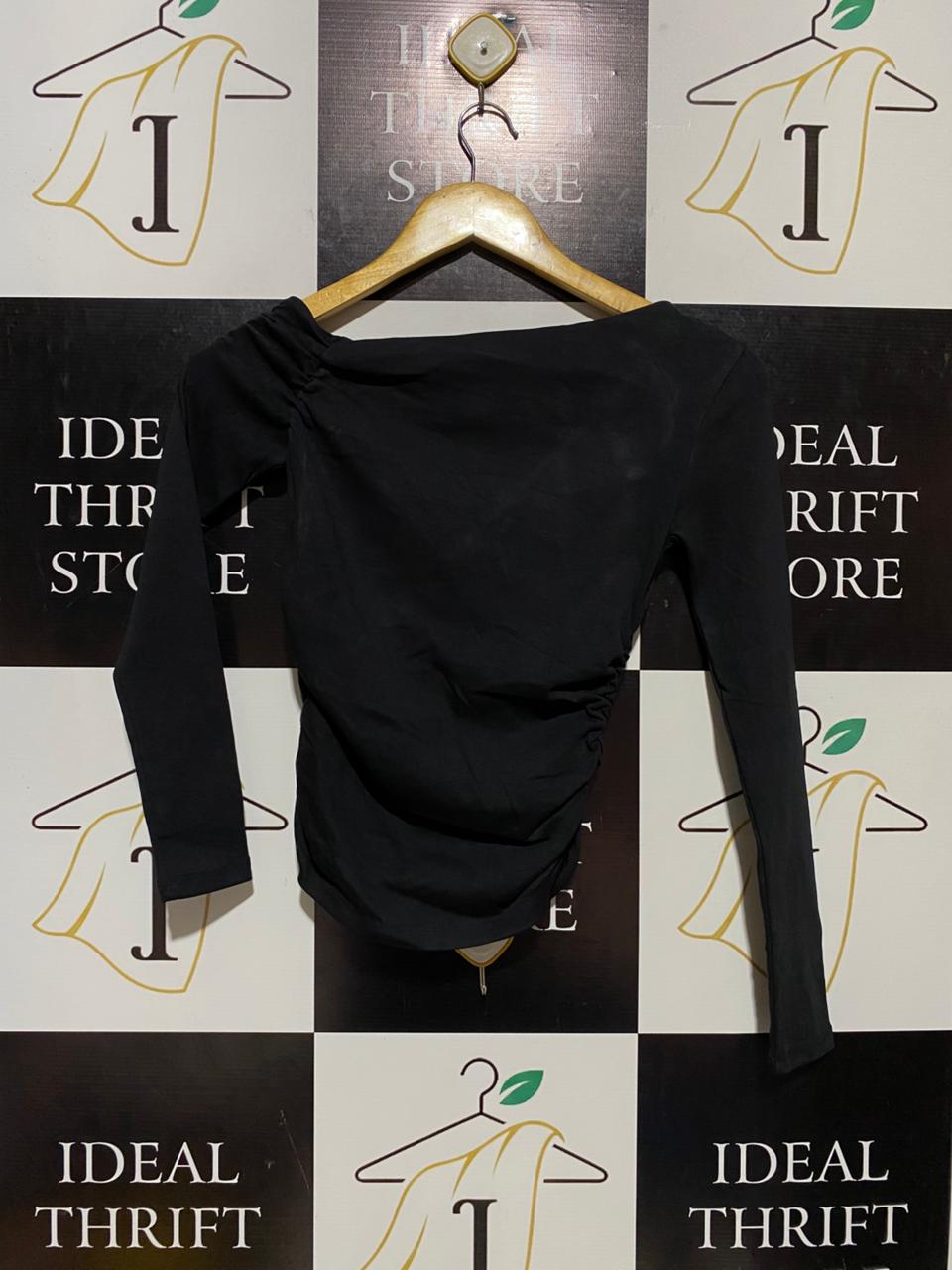 ZARA |S| BUST 13| B17| ASYMMETRIC RUCHED LONG SLEEVE TOP | SLEEK BLACK PARTY BLOUSE
