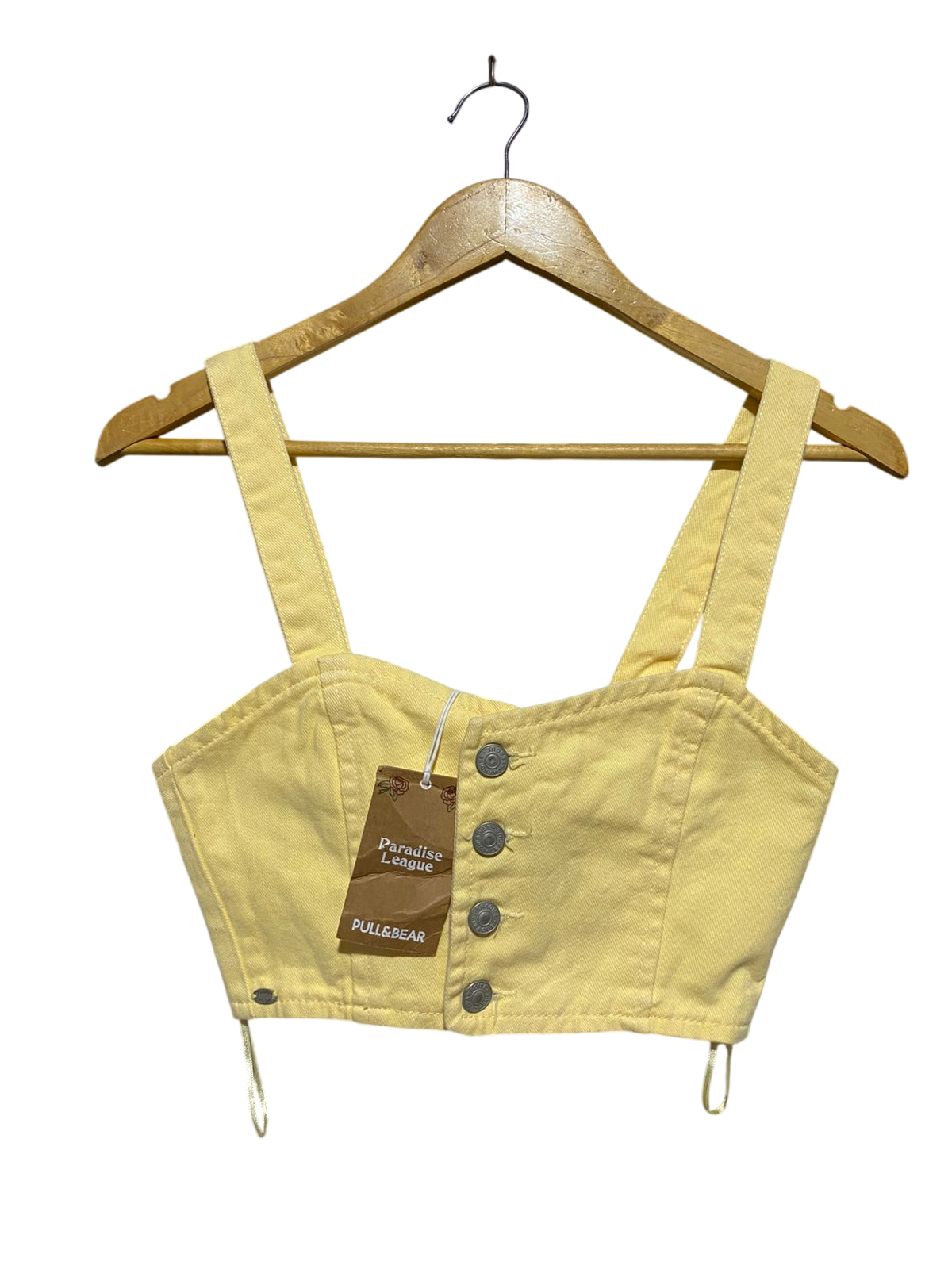 PULL & BEAR | XS| BUST 14| B17| YELLOW DENIM BUTTON-FRONT CROP TOP