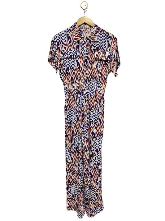 MIIS I |S/M | BUST FREE| B17| VINTAGE BOHO IKAT PRINT BUTTON-FRONT JUMPSUIT