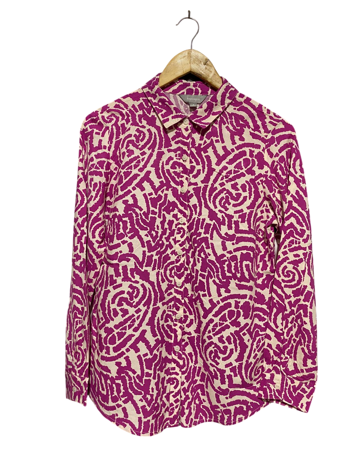 SUZANNEGRAE |L| BUST 19| B17| BOLD ABSTRACT GEOMETRIC PRINT BUTTON-DOWN BLOUSE IN MAGENTA