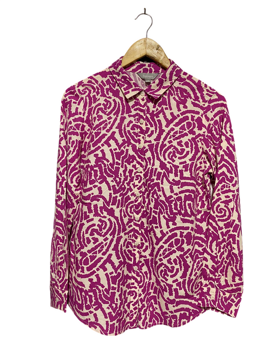 SUZANNEGRAE |L| BUST 19| B17| BOLD ABSTRACT GEOMETRIC PRINT BUTTON-DOWN BLOUSE IN MAGENTA