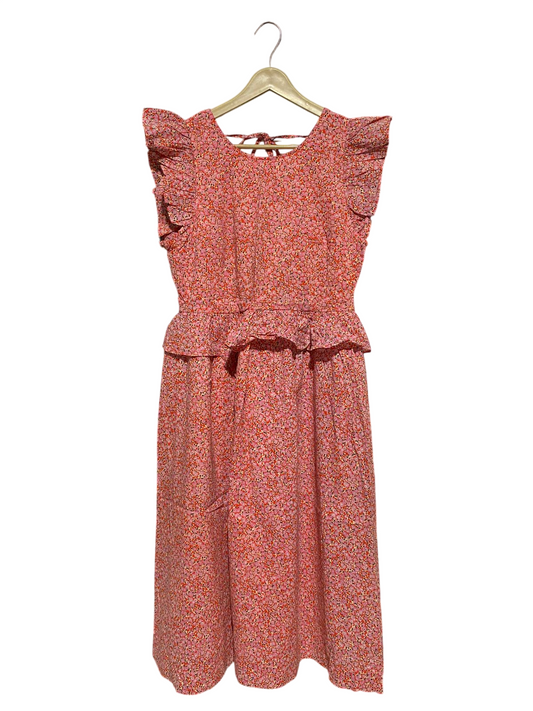 |M| BUST 17| B17| VINTAGE-STYLE FLORAL RUFFLE SLEEVE MIDI DRESS WITH PEPLUM DETAIL