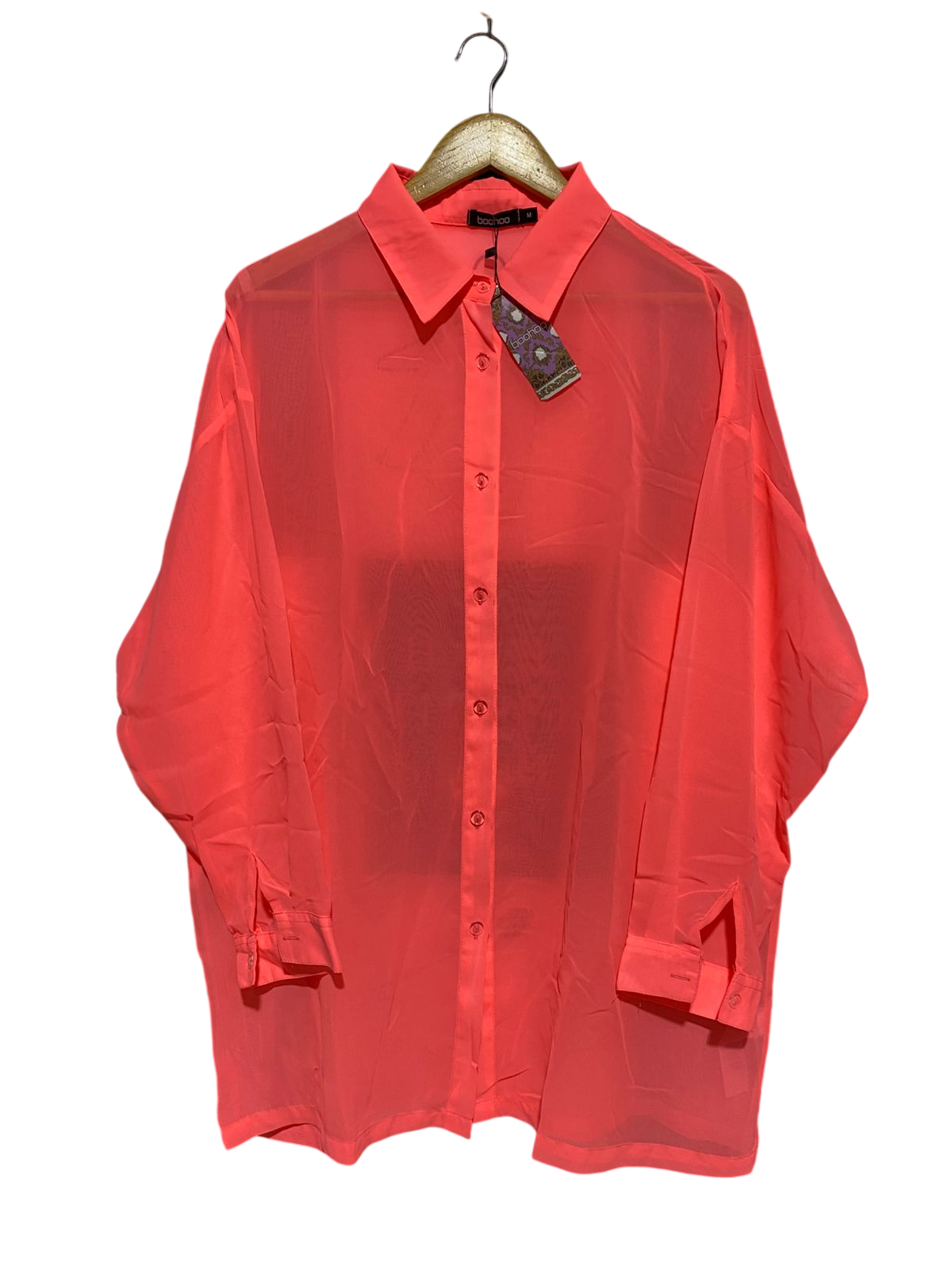 BOOHOO |XL| BUST 25| B18| OVERSIZED NEON CORAL SHEER BUTTON-DOWN SHIRT