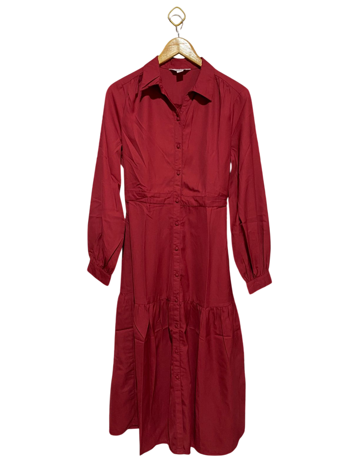 WALLIS |M| BUST 17| B18| SOPHISTICATED DEEP BERRY RED BUTTON-DOWN TIERED MIDI SHIRT DRESS