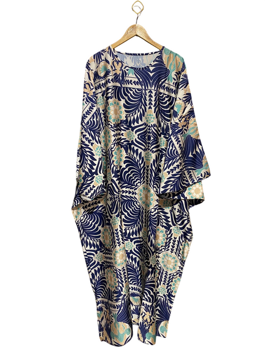 |XL| BUST FREE| B18| BOHEMIAN NAVY AND TEAL FLORAL ARTISAN KAFTAN MAXI DRESS