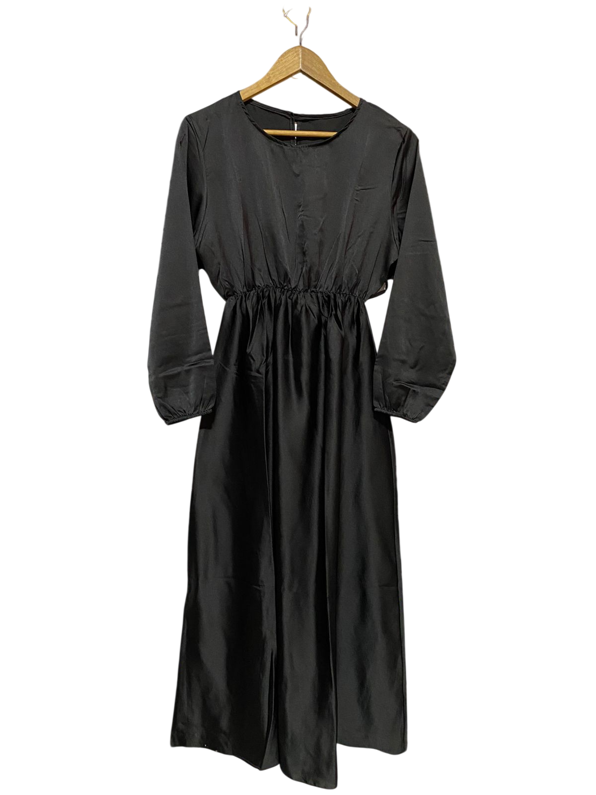 |M| BUST 17| B18| MINIMALIST JET BLACK SATIN FINISH MAXI DRESS WITH SMOCKED WAIST