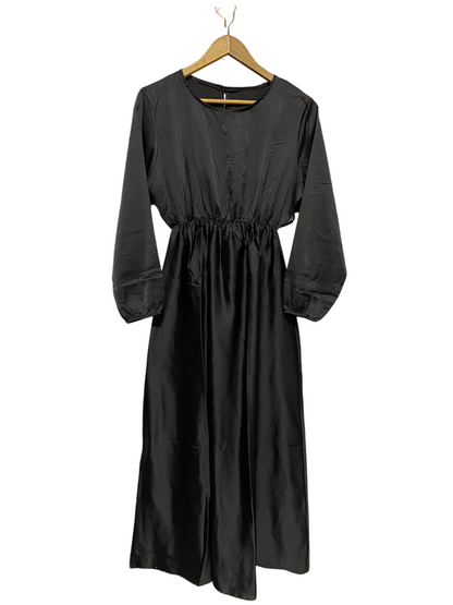 |M| BUST 17| B18| MINIMALIST JET BLACK SATIN FINISH MAXI DRESS WITH SMOCKED WAIST