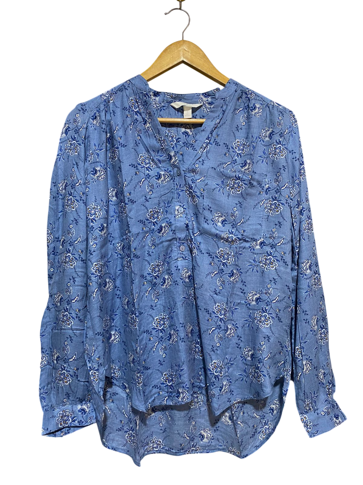 H&M | XL| BUST 22| B18| BLUE FLORAL HENLEY BLOUSE WITH HI-LOW HEM