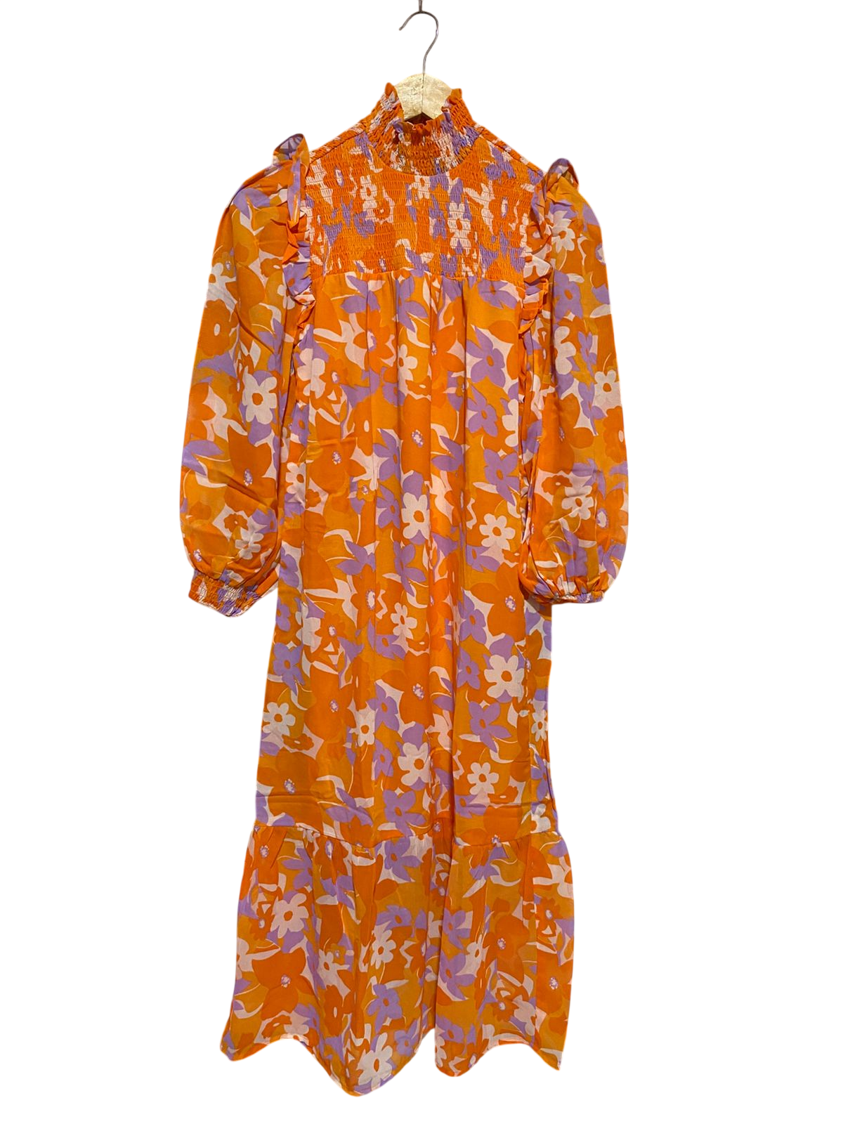 NEW LOOK |M| BUST 16| B18| VIBRANT ORANGE AND LILAC FLORAL SMOCKED MIDI DRESS